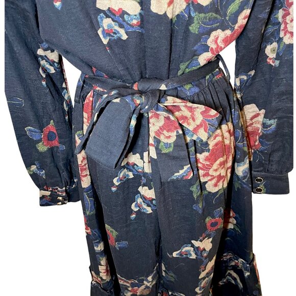 Novella Modest Midi Dress Size Medium Prairie Cottage Floral Ruffle Tiered Black - Picture 6 of 12